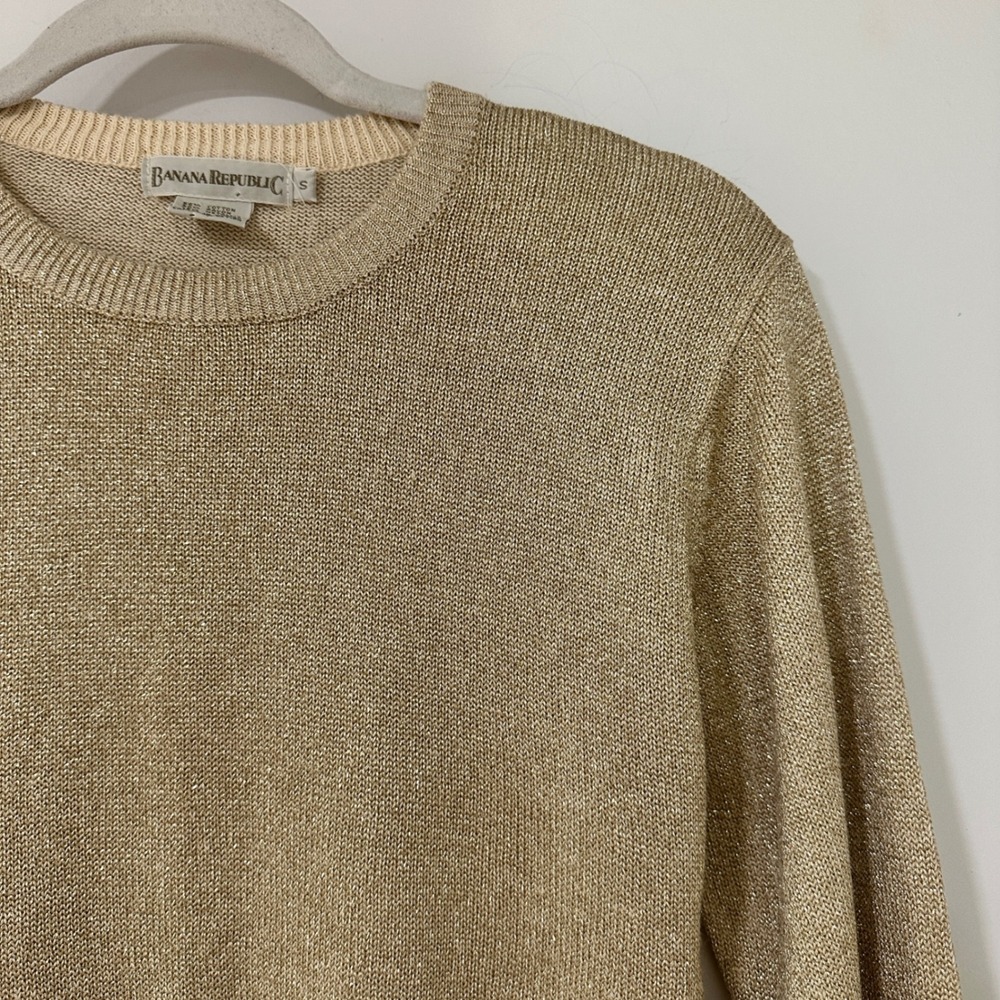 90s Banana Republic Gold Metallic Shimmer Sweater Womens Small Crewneck Knit S - Picture 1 of 6